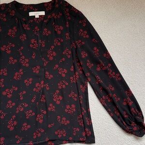 LOFT Black Blouse with Red Floral Design